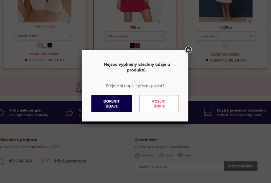 Vyplnění údajů u oblíbených produktů