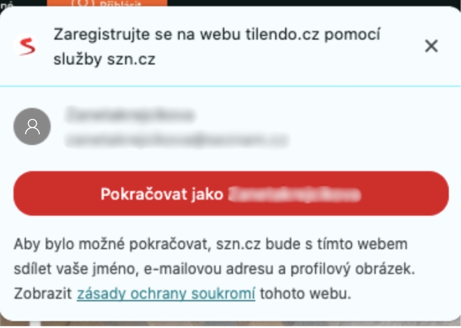 Náhled pop-up okna FedCM