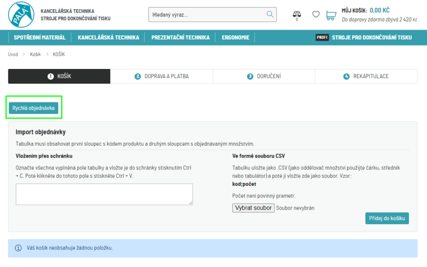 Rychlá objednávka na e-shopu Pala